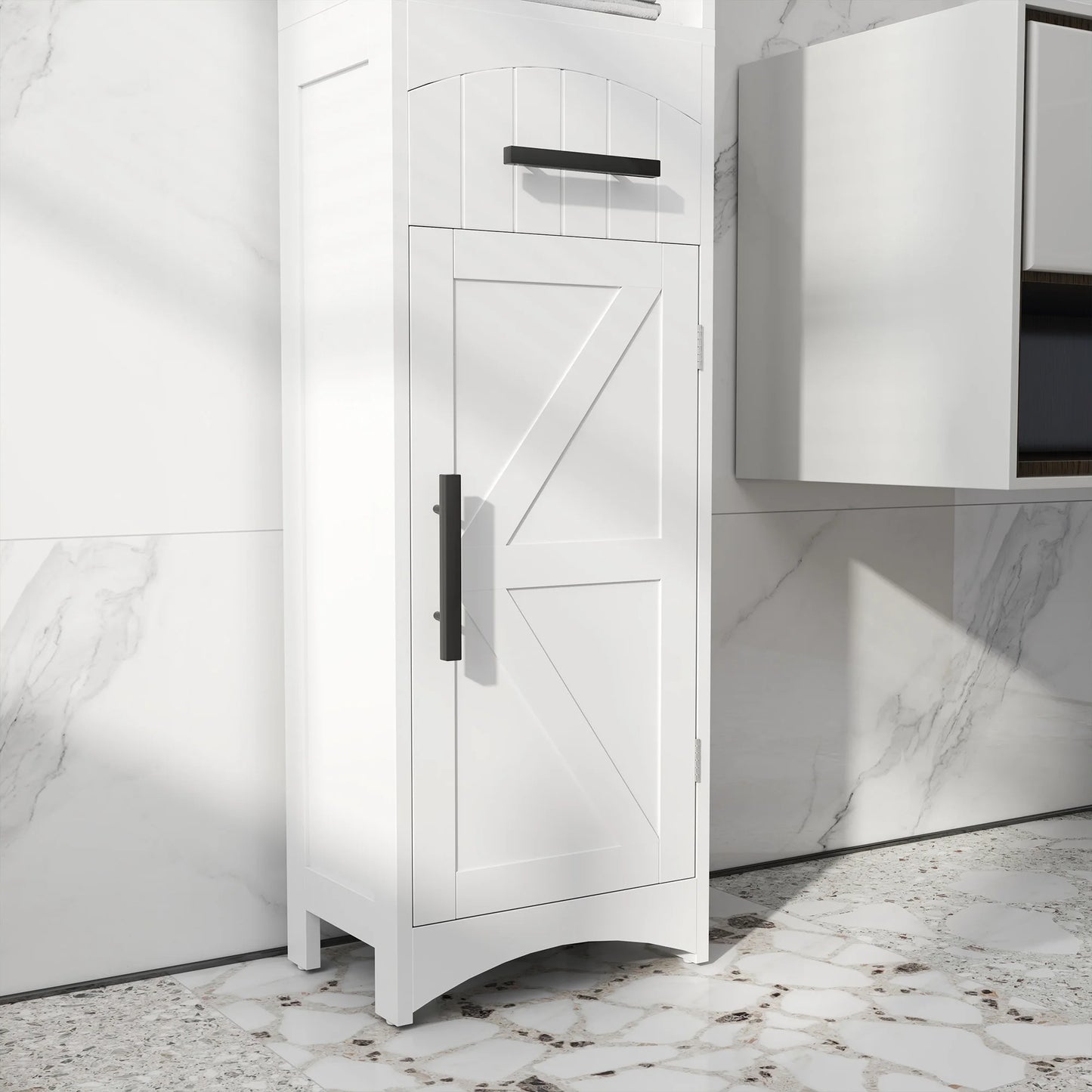 Homcom Tall Bathroom Storage Cabinet, Farmhouse Narrow Bathroom Storage Cabinet with Recessed Drawer and Barn Door, White