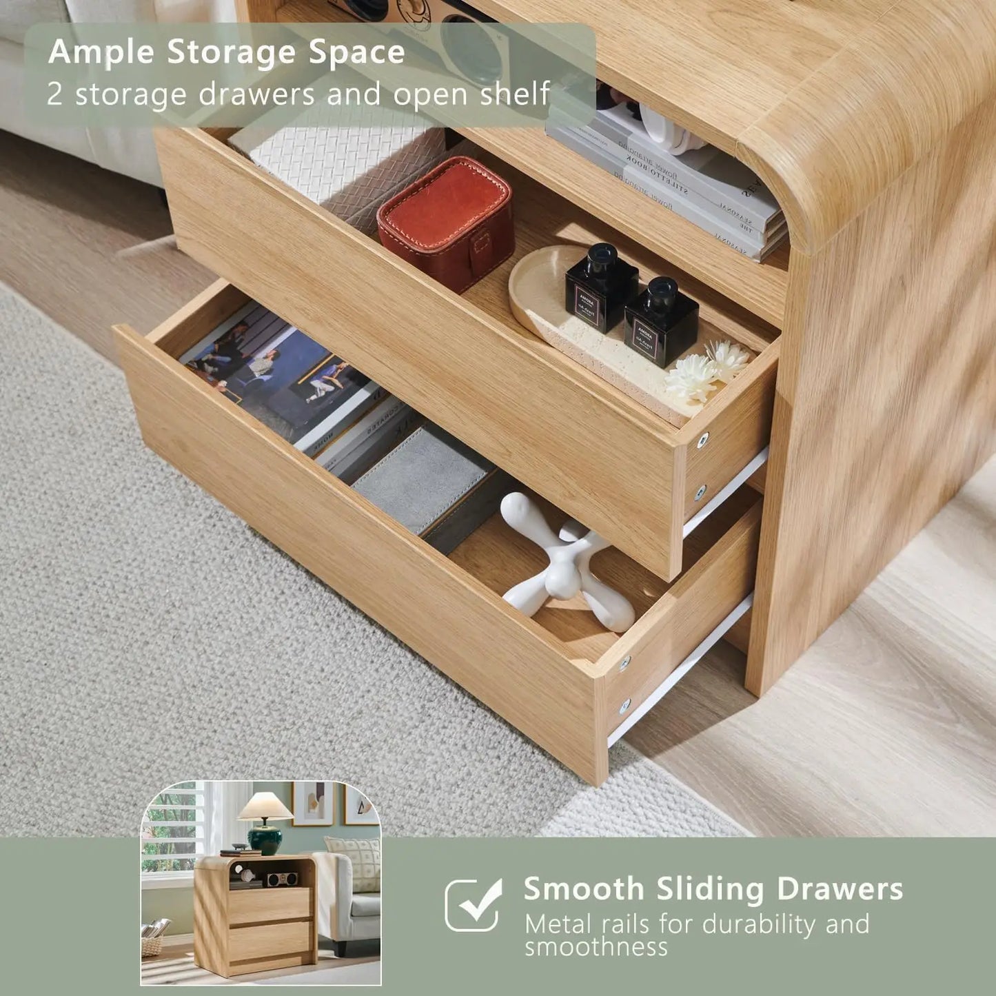 25" Tall Nightstand Set of 2 w/2 Storage Drawers, Charging Station