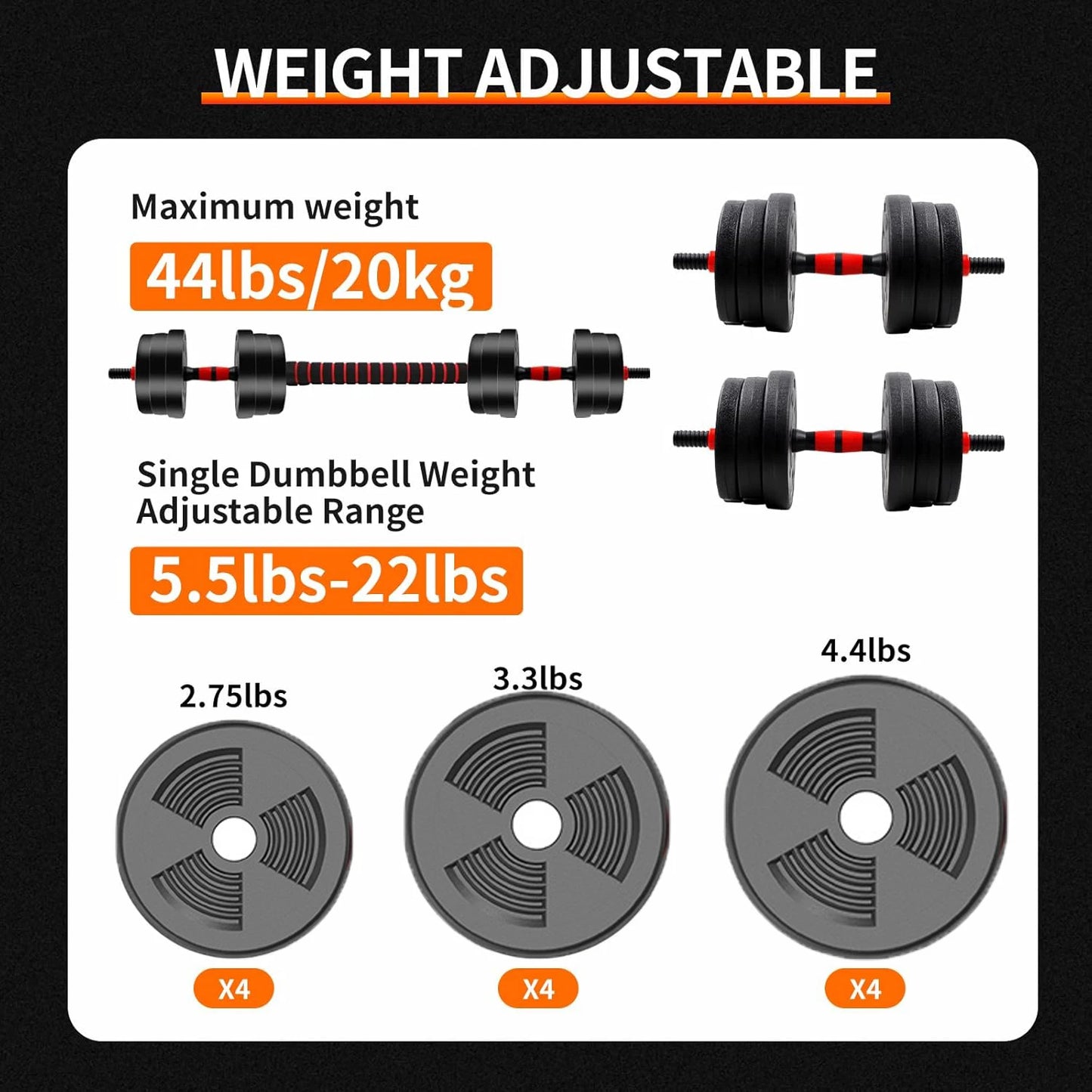 5-44lbs Adjustable Dumbbell to Barbell Set,