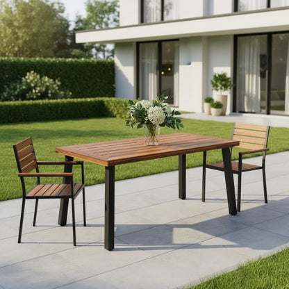 Patio Dining Table with Umbrella Hole, Outdoor Picnic Table for Backyard, Garden, Lawn, Farmhouse