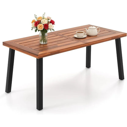 Patio Dining Table with Umbrella Hole, Outdoor Picnic Table for Backyard, Garden, Lawn, Farmhouse