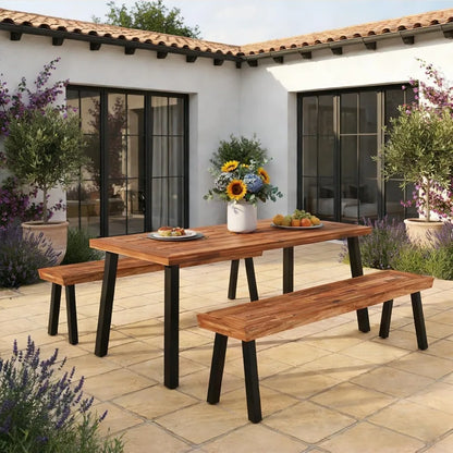 Patio Dining Table with Umbrella Hole, Outdoor Picnic Table for Backyard, Garden, Lawn, Farmhouse