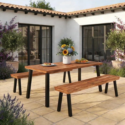 Patio Dining Table with Umbrella Hole, Outdoor Picnic Table for Backyard, Garden, Lawn, Farmhouse