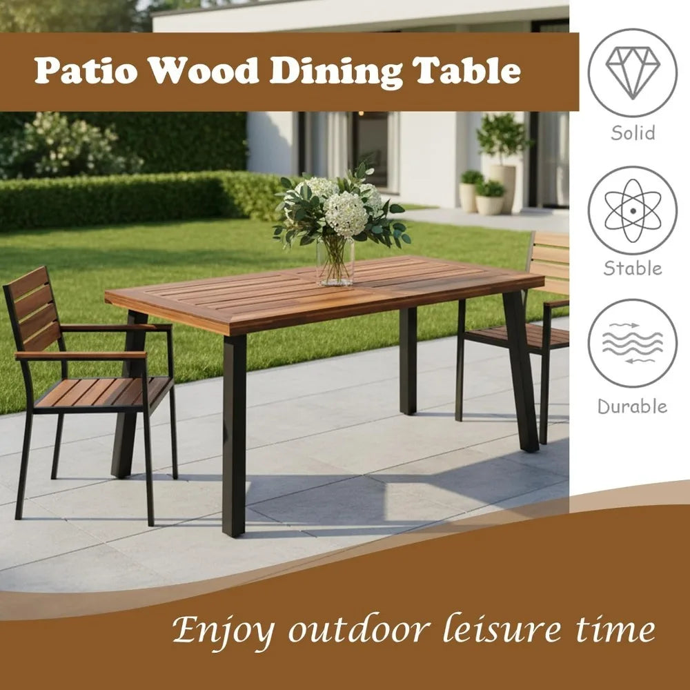 Patio Dining Table with Umbrella Hole, Outdoor Picnic Table for Backyard, Garden, Lawn, Farmhouse