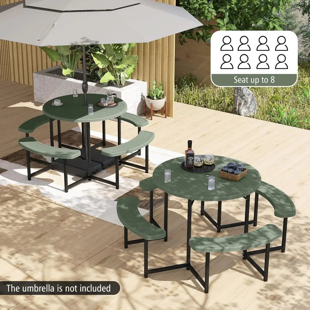 Picnic Table Bench Set for 48 Person, Round 37 Outdoor Dining Table w Umbrella Hole, HDPE Tabletop, Metal Frame, Patio Furnitur