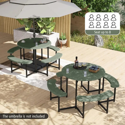 Picnic Table Bench Set for 48 Person, Round 37 Outdoor Dining Table w Umbrella Hole, HDPE Tabletop, Metal Frame, Patio Furnitur