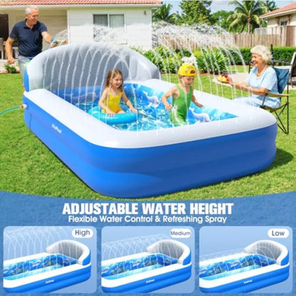 2026 Inflatable Pool with Sprinkler, Durable Blow up Pool with Big Backrest, Rectangle Pool Backyard, Swimming Pool, Small Infl