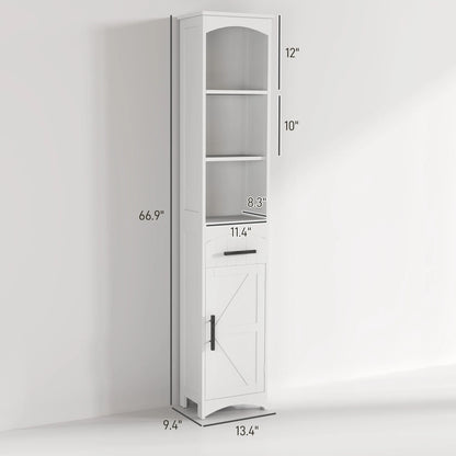 Homcom Tall Bathroom Storage Cabinet, Farmhouse Narrow Bathroom Storage Cabinet with Recessed Drawer and Barn Door, White