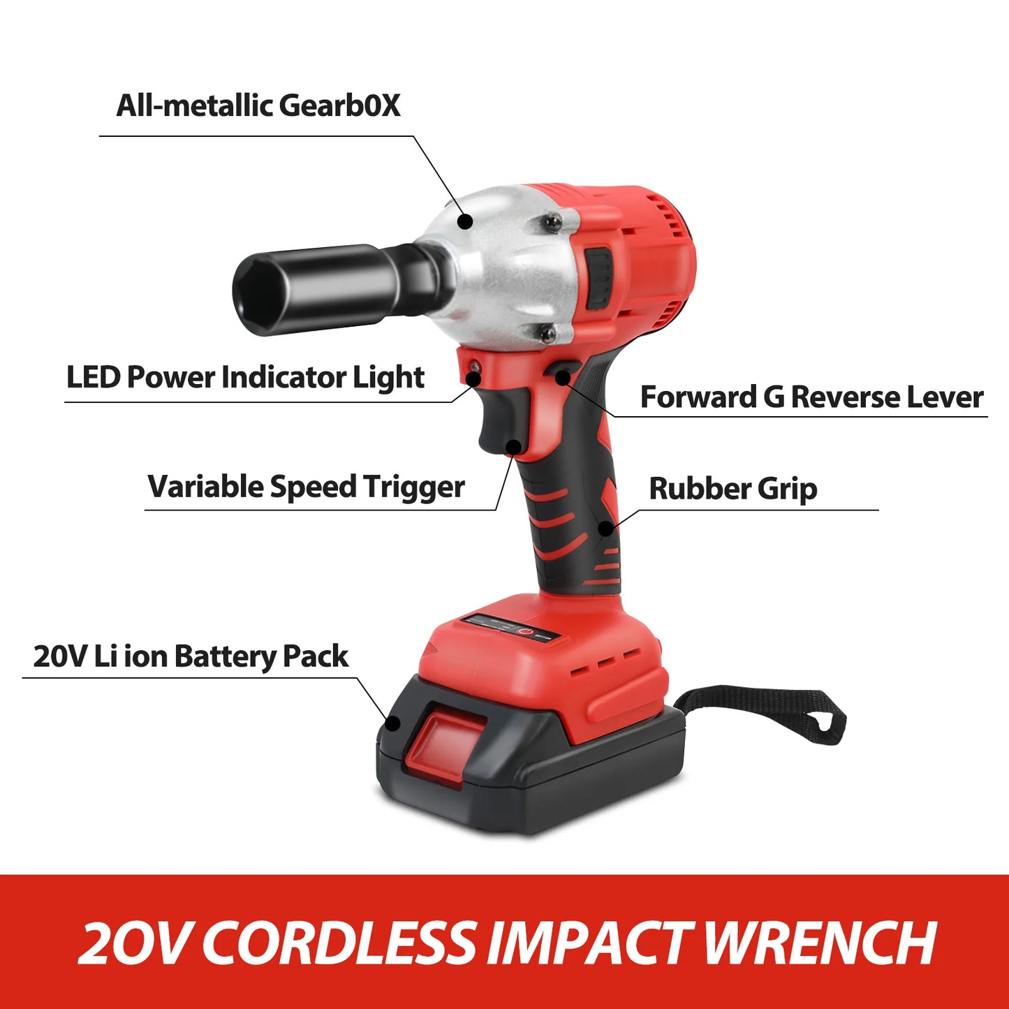 20V Cordless Electric Impact Wrench 1/2 Inch