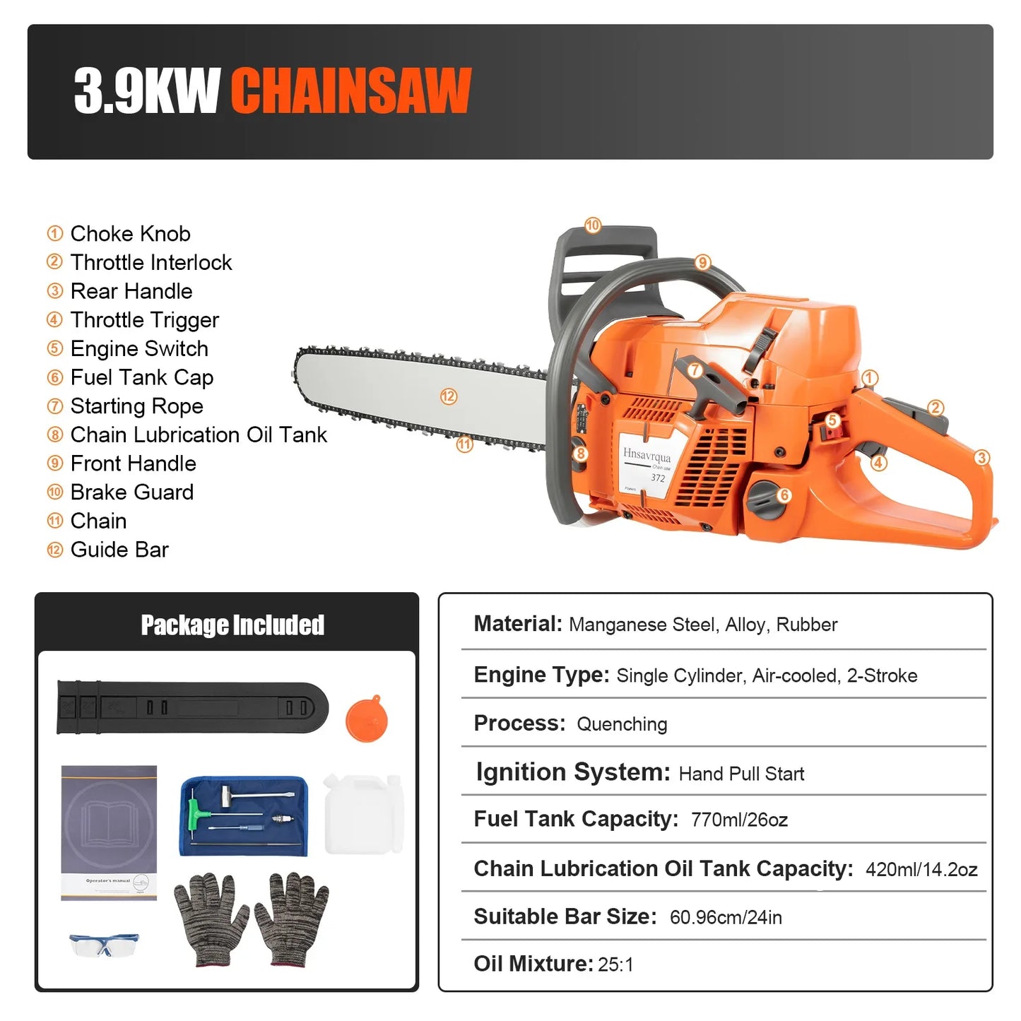 72CC 24" 2 Stroke, Gas Powered Chainsaw