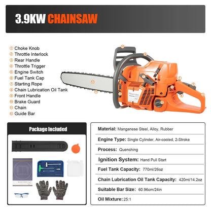 72CC 24" 2 Stroke, Gas Powered Chainsaw