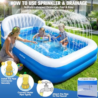 2026 Inflatable Pool with Sprinkler, Durable Blow up Pool with Big Backrest, Rectangle Pool Backyard, Swimming Pool, Small Infl
