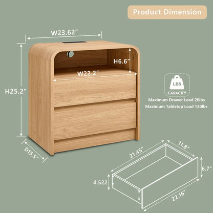 25" Tall Nightstand Set of 2 w/2 Storage Drawers, Charging Station