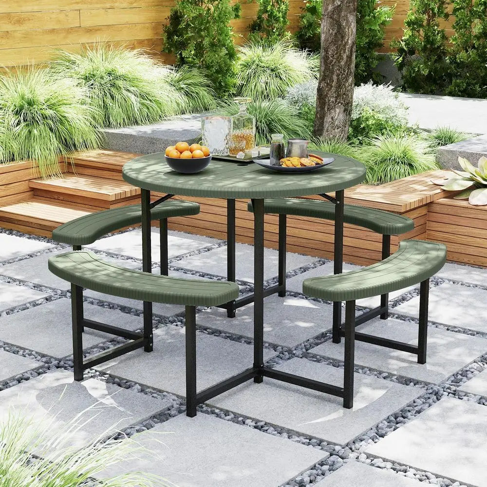 Picnic Table Bench Set for 48 Person, Round 37 Outdoor Dining Table w Umbrella Hole, HDPE Tabletop, Metal Frame, Patio Furnitur