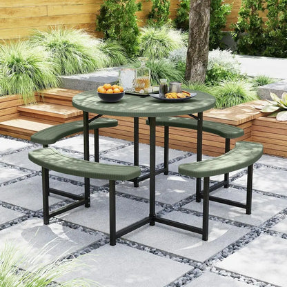 Picnic Table Bench Set for 48 Person, Round 37 Outdoor Dining Table w Umbrella Hole, HDPE Tabletop, Metal Frame, Patio Furnitur