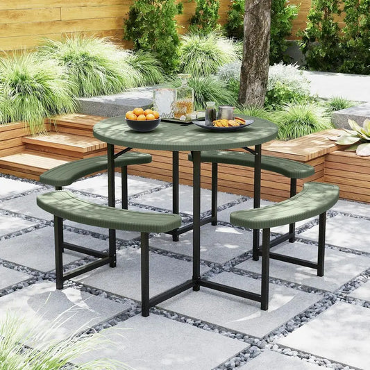 Picnic Table Bench Set for 48 Person, Round 37 Outdoor Dining Table w Umbrella Hole, HDPE Tabletop, Metal Frame, Patio Furnitur