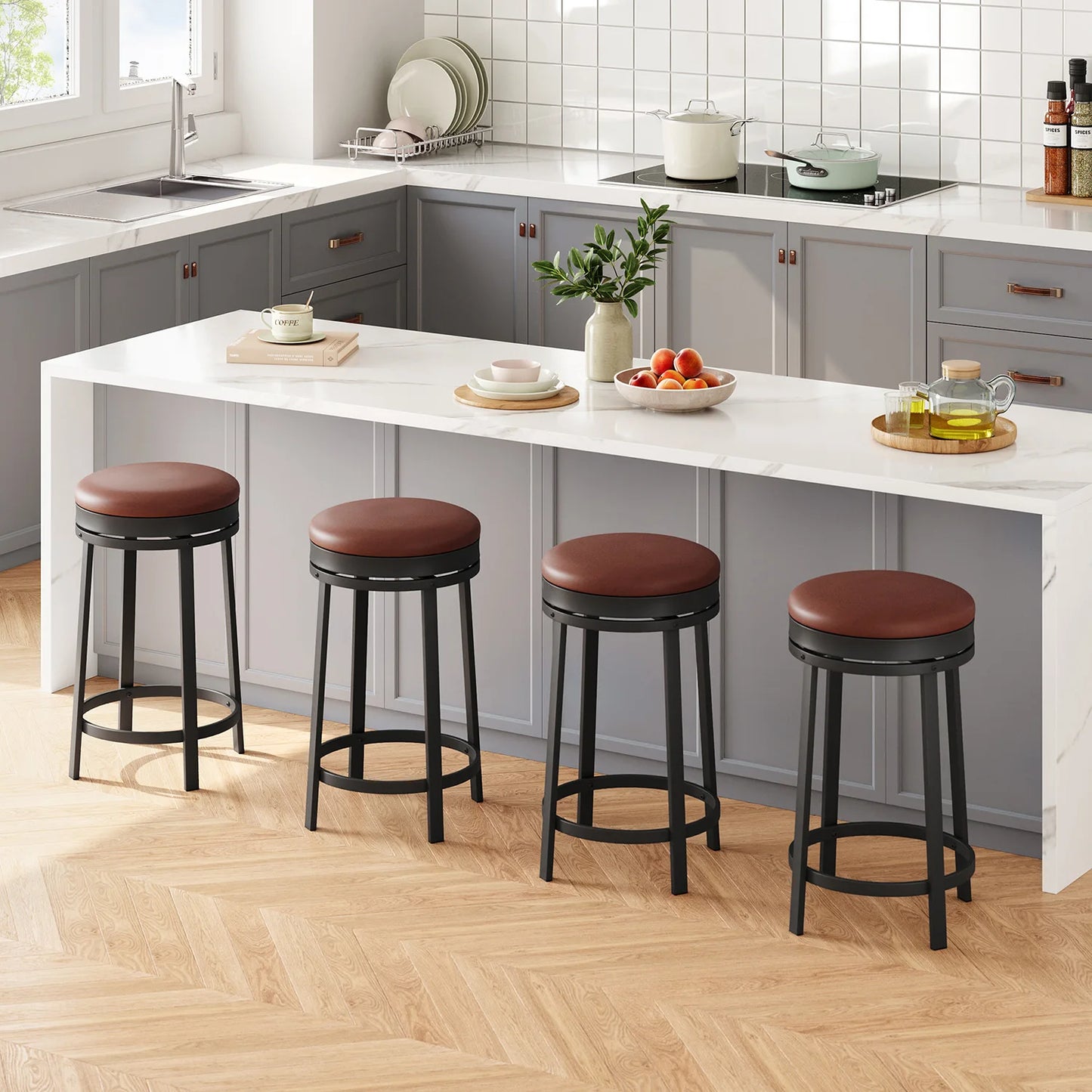 24'' Counter Height Barstools, Leather Upholstered