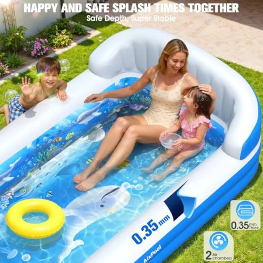 2026 Inflatable Pool with Sprinkler, Durable Blow up Pool with Big Backrest, Rectangle Pool Backyard, Swimming Pool, Small Infl