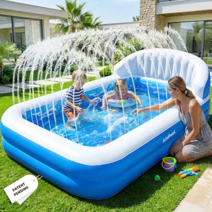 2026 Inflatable Pool with Sprinkler, Durable Blow up Pool with Big Backrest, Rectangle Pool Backyard, Swimming Pool, Small Infl