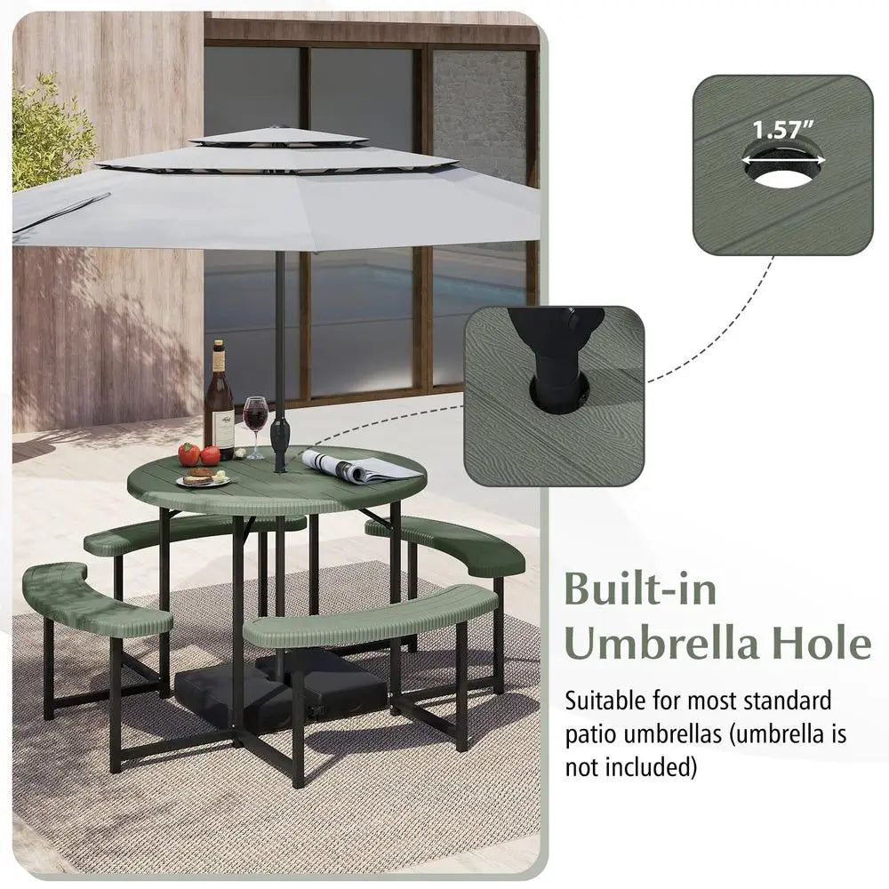 Picnic Table Bench Set for 48 Person, Round 37 Outdoor Dining Table w Umbrella Hole, HDPE Tabletop, Metal Frame, Patio Furnitur