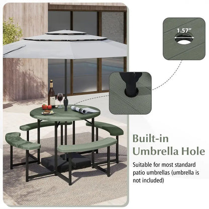 Picnic Table Bench Set for 48 Person, Round 37 Outdoor Dining Table w Umbrella Hole, HDPE Tabletop, Metal Frame, Patio Furnitur