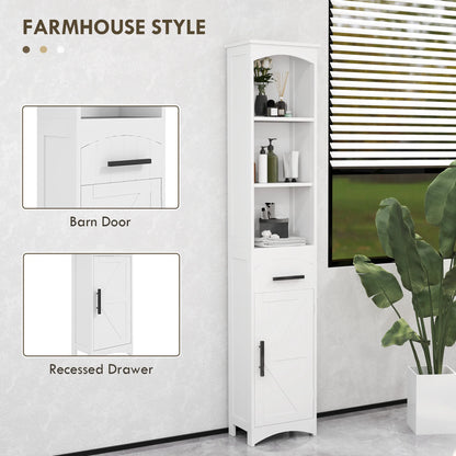Homcom Tall Bathroom Storage Cabinet, Farmhouse Narrow Bathroom Storage Cabinet with Recessed Drawer and Barn Door, White