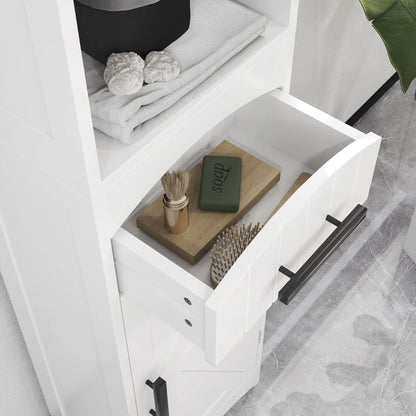 Homcom Tall Bathroom Storage Cabinet, Farmhouse Narrow Bathroom Storage Cabinet with Recessed Drawer and Barn Door, White