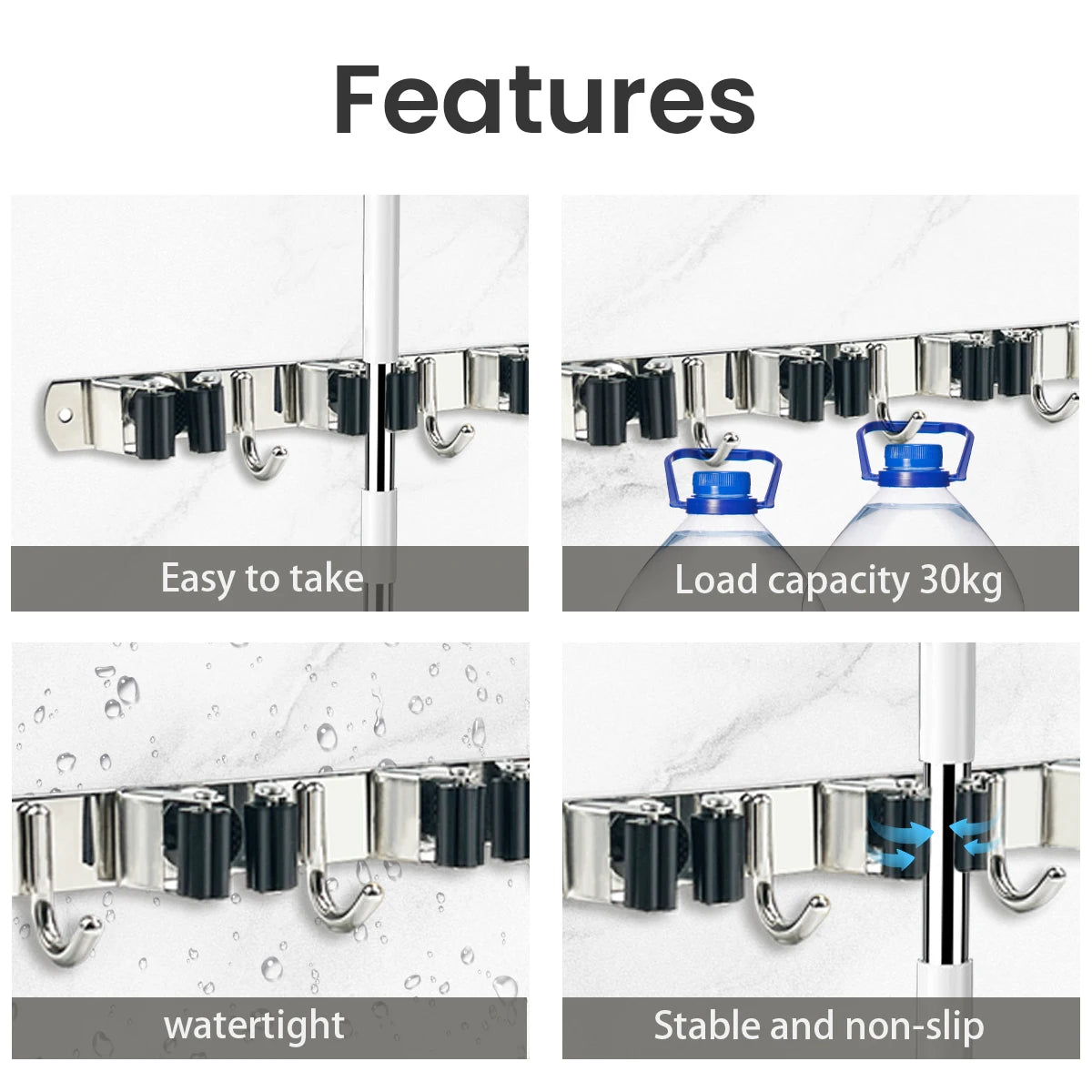 4-Hook Adhesive Broom Mop Organizer Stainless Steel