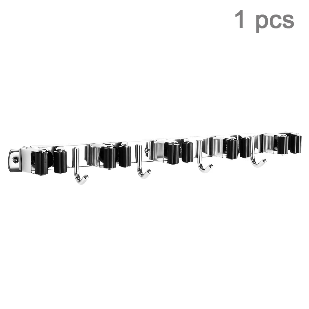 4-Hook Adhesive Broom Mop Organizer Stainless Steel