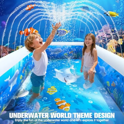 2026 Inflatable Pool with Sprinkler, Durable Blow up Pool with Big Backrest, Rectangle Pool Backyard, Swimming Pool, Small Infl