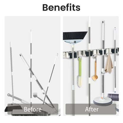 4-Hook Adhesive Broom Mop Organizer Stainless Steel