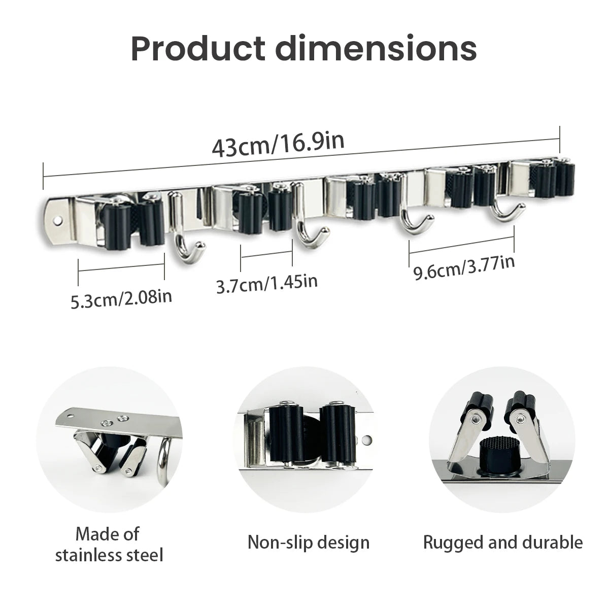 4-Hook Adhesive Broom Mop Organizer Stainless Steel