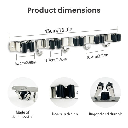 4-Hook Adhesive Broom Mop Organizer Stainless Steel