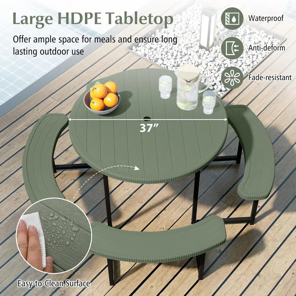 Picnic Table Bench Set for 48 Person, Round 37 Outdoor Dining Table w Umbrella Hole, HDPE Tabletop, Metal Frame, Patio Furnitur