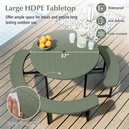 Picnic Table Bench Set for 48 Person, Round 37 Outdoor Dining Table w Umbrella Hole, HDPE Tabletop, Metal Frame, Patio Furnitur