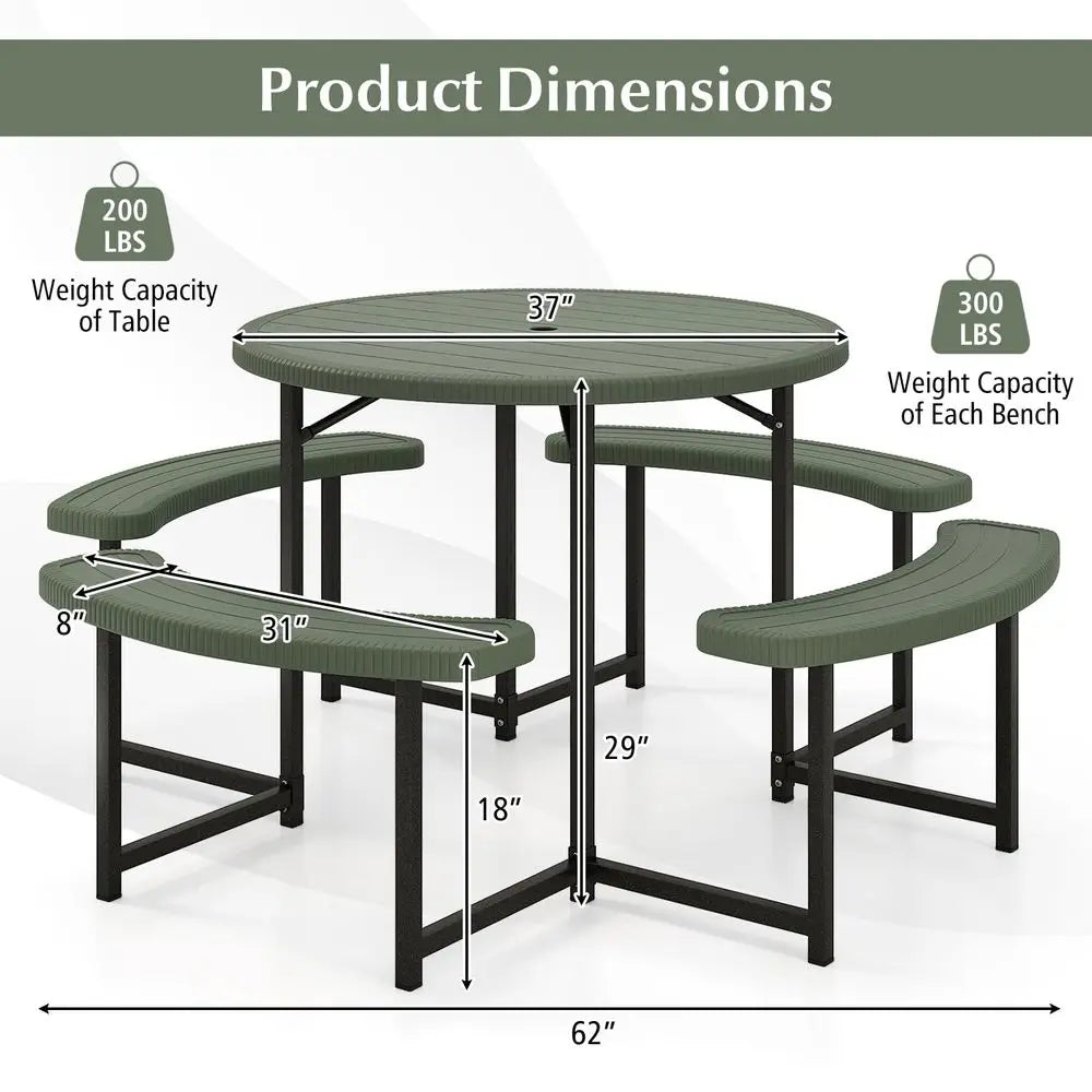 Picnic Table Bench Set for 48 Person, Round 37 Outdoor Dining Table w Umbrella Hole, HDPE Tabletop, Metal Frame, Patio Furnitur