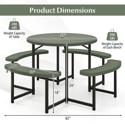 Picnic Table Bench Set for 48 Person, Round 37 Outdoor Dining Table w Umbrella Hole, HDPE Tabletop, Metal Frame, Patio Furnitur