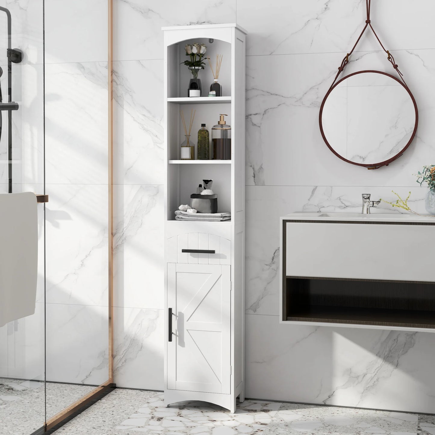 Homcom Tall Bathroom Storage Cabinet, Farmhouse Narrow Bathroom Storage Cabinet with Recessed Drawer and Barn Door, White