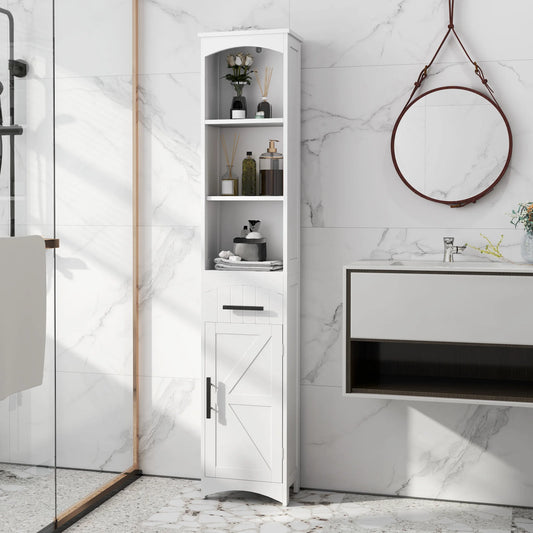 Homcom Tall Bathroom Storage Cabinet, Farmhouse Narrow Bathroom Storage Cabinet with Recessed Drawer and Barn Door, White