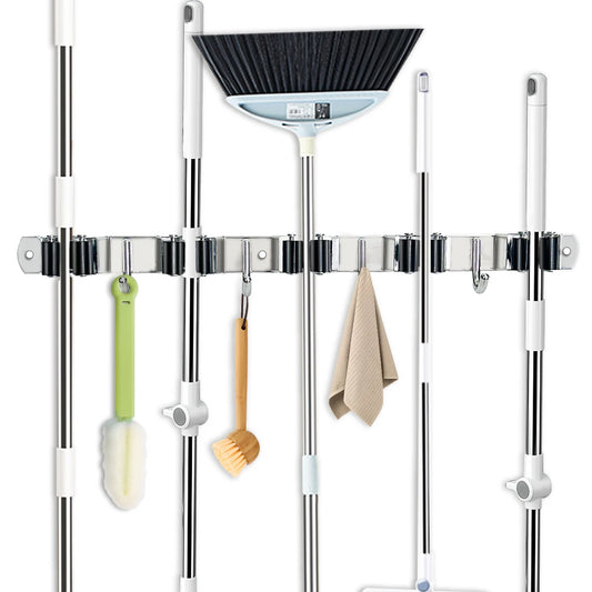 4-Hook Adhesive Broom Mop Organizer Stainless Steel