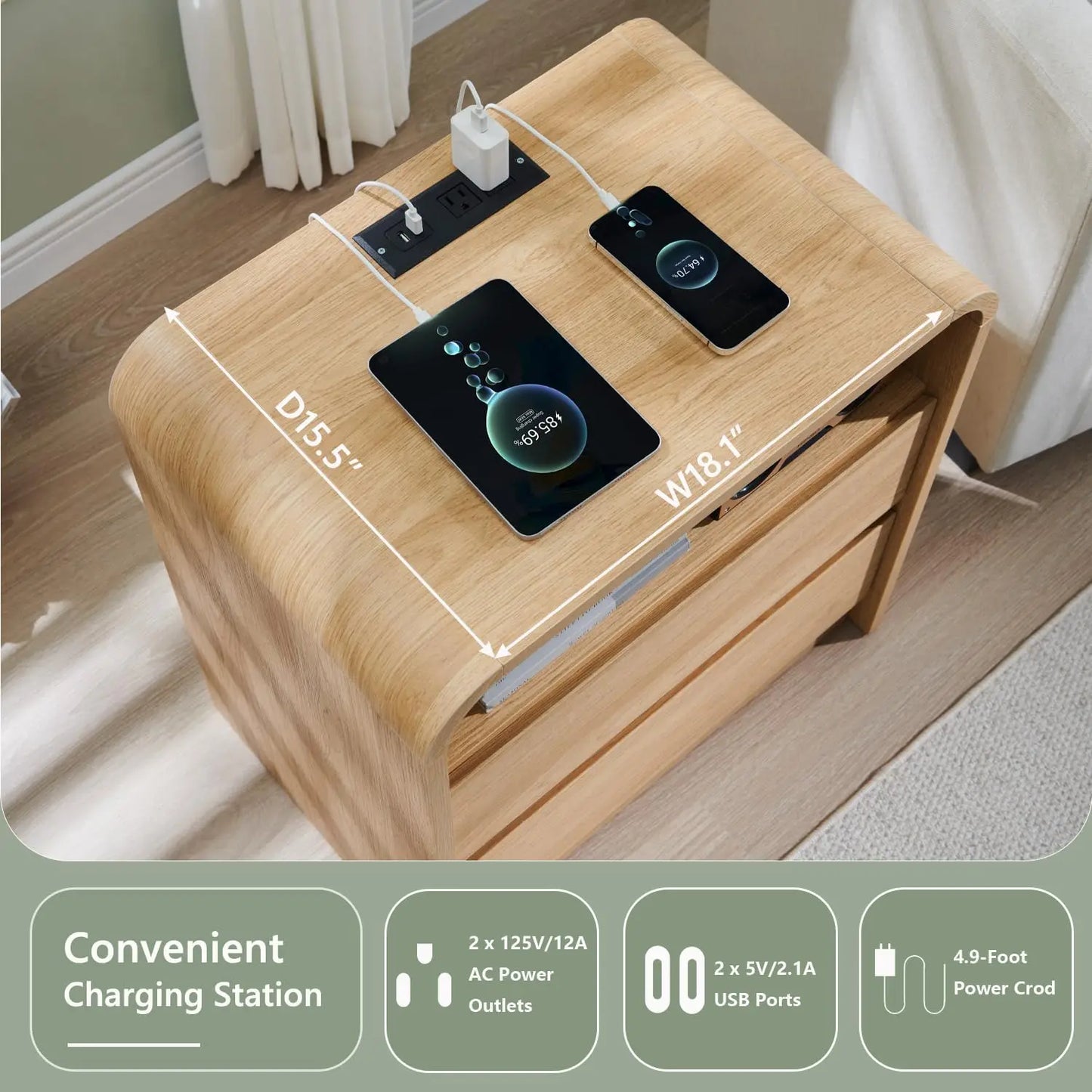 25" Tall Nightstand Set of 2 w/2 Storage Drawers, Charging Station