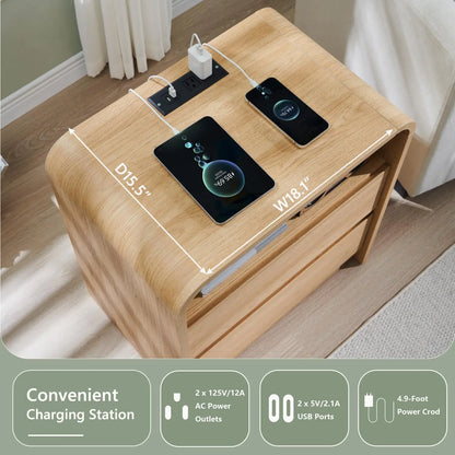 25" Tall Nightstand Set of 2 w/2 Storage Drawers, Charging Station